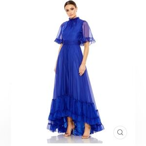 Mac Duggal Ruffled High Neck Flutter Sleeve High Low Hem Gown